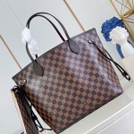 Louis Vuitton Neverfull MM N40598 Damier Ebene replica tote bag with leather trim and steel-tone hardware