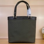 Louis Vuitton-style Lucille Large vintage denim tote bag with cowhide leather trim in pink navy blue light brown gray and green