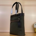 Louis Vuitton-style Lucille Large vintage denim tote bag with cowhide leather trim in pink navy blue light brown gray and green