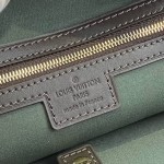 Louis Vuitton-style Lucille Large vintage denim tote bag with cowhide leather trim in pink navy blue light brown gray and green