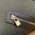 Louis Vuitton-style Lucille Large vintage denim tote bag with cowhide leather trim in pink navy blue light brown gray and green