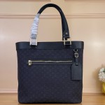 Louis Vuitton-style Lucille Large vintage denim tote bag with cowhide leather trim in pink navy blue light brown gray and green