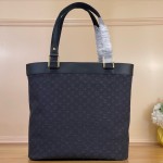 Louis Vuitton-style Lucille Large vintage denim tote bag with cowhide leather trim in pink navy blue light brown gray and green