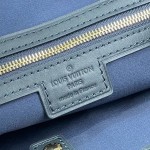 Louis Vuitton-style Lucille Large vintage denim tote bag with cowhide leather trim in pink navy blue light brown gray and green