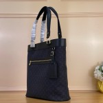 Louis Vuitton-style Lucille Large vintage denim tote bag with cowhide leather trim in pink navy blue light brown gray and green