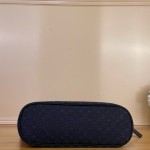 Louis Vuitton-style Lucille Large vintage denim tote bag with cowhide leather trim in pink navy blue light brown gray and green