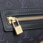 Louis Vuitton-style Lucille Large vintage denim tote bag with cowhide leather trim in pink navy blue light brown gray and green