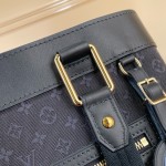 Louis Vuitton-style Lucille Large vintage denim tote bag with cowhide leather trim in pink navy blue light brown gray and green