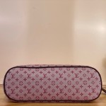 Louis Vuitton-style Lucille Large vintage denim tote bag with cowhide leather trim in pink navy blue light brown gray and green