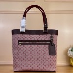 Louis Vuitton-style Lucille Large vintage denim tote bag with cowhide leather trim in pink navy blue light brown gray and green