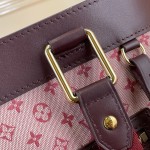 Louis Vuitton-style Lucille Large vintage denim tote bag with cowhide leather trim in pink navy blue light brown gray and green