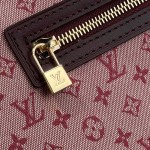 Louis Vuitton-style Lucille Large vintage denim tote bag with cowhide leather trim in pink navy blue light brown gray and green