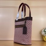 Louis Vuitton-style Lucille Large vintage denim tote bag with cowhide leather trim in pink navy blue light brown gray and green