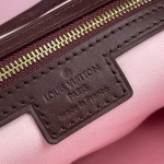 Louis Vuitton-style Lucille Large vintage denim tote bag with cowhide leather trim in pink navy blue light brown gray and green