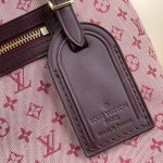 Louis Vuitton-style Lucille Large vintage denim tote bag with cowhide leather trim in pink navy blue light brown gray and green