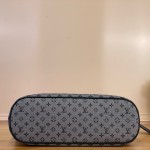 Louis Vuitton-style Lucille Large vintage denim tote bag with cowhide leather trim in pink navy blue light brown gray and green