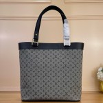 Louis Vuitton-style Lucille Large vintage denim tote bag with cowhide leather trim in pink navy blue light brown gray and green