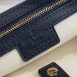 Louis Vuitton-style Lucille Large vintage denim tote bag with cowhide leather trim in pink navy blue light brown gray and green