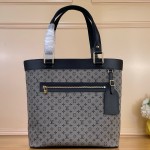 Louis Vuitton-style Lucille Large vintage denim tote bag with cowhide leather trim in pink navy blue light brown gray and green