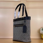 Louis Vuitton-style Lucille Large vintage denim tote bag with cowhide leather trim in pink navy blue light brown gray and green