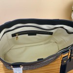 Louis Vuitton-style Lucille Large vintage denim tote bag with cowhide leather trim in pink navy blue light brown gray and green