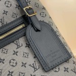 Louis Vuitton-style Lucille Large vintage denim tote bag with cowhide leather trim in pink navy blue light brown gray and green