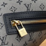 Louis Vuitton-style Lucille Large vintage denim tote bag with cowhide leather trim in pink navy blue light brown gray and green