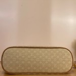 Louis Vuitton-style Lucille Large vintage denim tote bag with cowhide leather trim in pink navy blue light brown gray and green