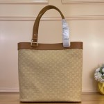Louis Vuitton-style Lucille Large vintage denim tote bag with cowhide leather trim in pink navy blue light brown gray and green