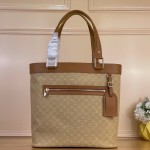 Louis Vuitton-style Lucille Large vintage denim tote bag with cowhide leather trim in pink navy blue light brown gray and green