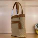 Louis Vuitton-style Lucille Large vintage denim tote bag with cowhide leather trim in pink navy blue light brown gray and green