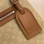 Louis Vuitton-style Lucille Large vintage denim tote bag with cowhide leather trim in pink navy blue light brown gray and green