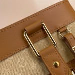 Louis Vuitton-style Lucille Large vintage denim tote bag with cowhide leather trim in pink navy blue light brown gray and green