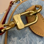 Louis Vuitton-style Speedy Bandoulière 30 M2A209 blue Monogram denim bag with leather trim heart tag and V-stitch pocket